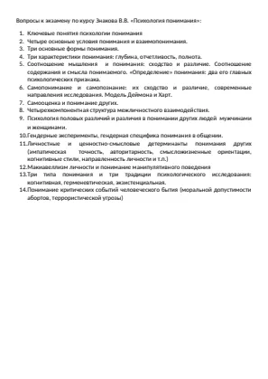 Обложка: Вопросы к экзамену по курсу Знакова В.В. «Психология понимания»